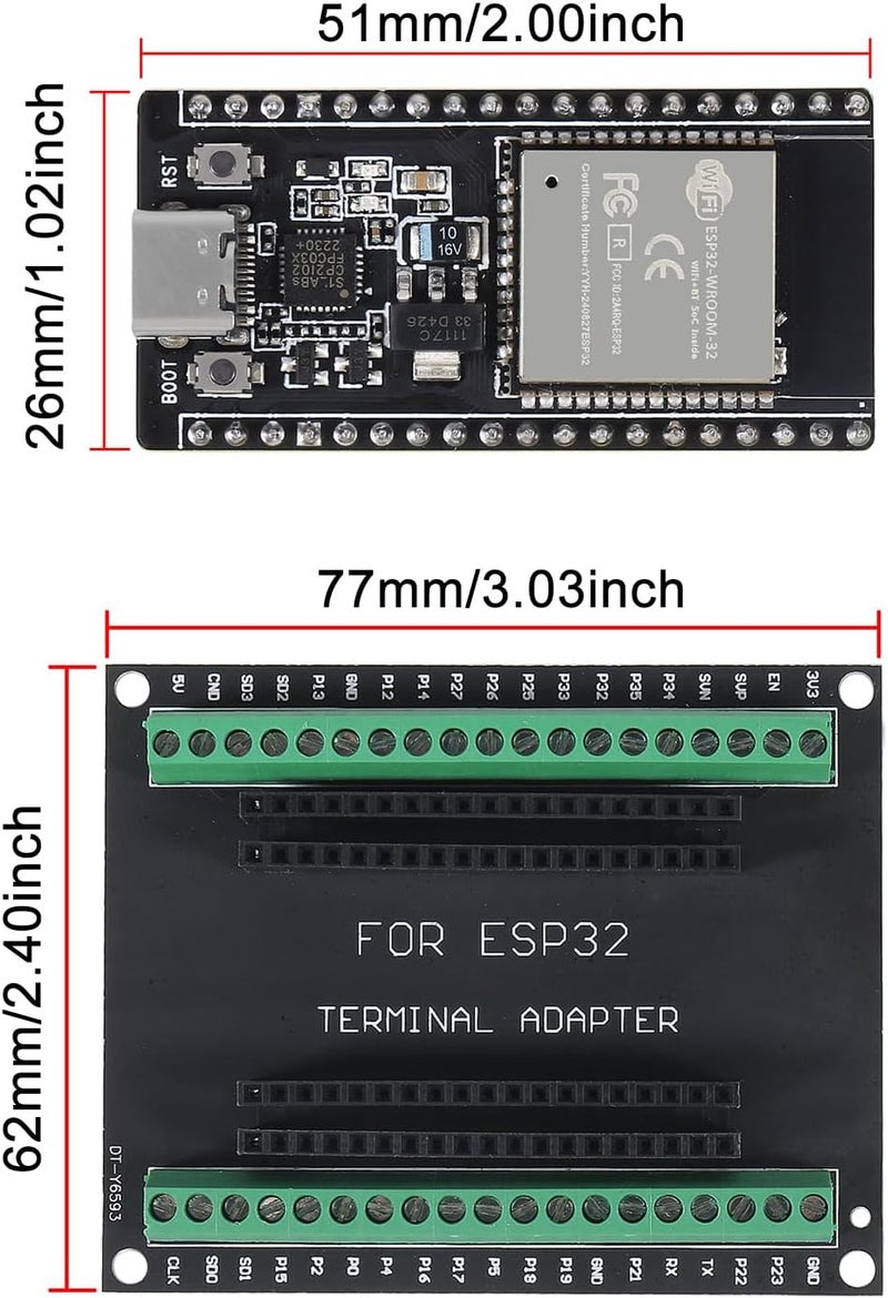 AiTrip 3Sets USB C 38 Pin ESP32 ESP-32D ESP-WROOM-32 CP2012 WiFi+Bluetooth Dual Core Type-C Interface ESP32-DevKitC-32 Development Board Module with ESP32 Breakout Board Shield Terminal Adapter - Image 3